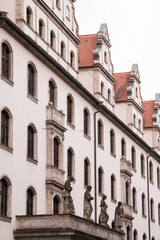 Munich, Germany - December 19 2021: Street view of the facade of the building in Munich downtown on Winter day.