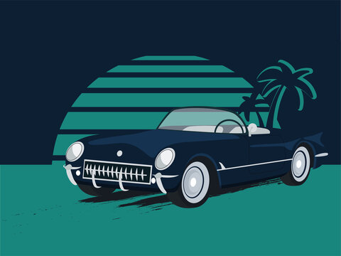 Retro car on background of sun and palm trees design. Poster night design with auto. Image travel and tourism vector illustration