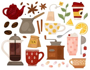 Hot drinks. Different coffee and tea accessories. Spices and flavoring additives. Bean grinders. Teapots with cups. French press. Vector traditional beverages brewing tableware set