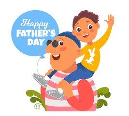 Obraz na płótnie Canvas Hugs father Day. Funny dad with son. Cute boy together with loving parent. Happy fatherhood. Family holiday. Man holding kid on shoulders. Cartoon characters embrace. Vector concept