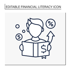  Accounting book line icon. Man reading about last costs. Banking. Budget plan. Financial literacy concept. Isolated vector illustration. Editable stroke