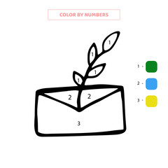 Color hand drawn single doodle envelope with a cute sprig with leaves.Vector illustration.