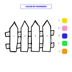 Color cute hand drawn fence by numbers. Worksheet for kids.