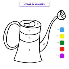 Color hand drawn single doodle watering can by numbers. Vector illustration.