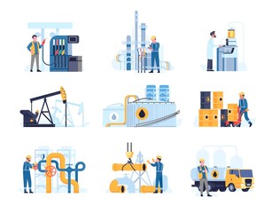 Oil industry workers. Petroleum processing. People at gasoline station or refinery. Gas engineers. Rigs and pipeline construction. Mechanic pumps. Vector fossil fuel extraction set