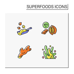Superfoods color icons set. Ginger, seaweed, dark chocolate, quinoa. Vegetarian, organic, healthy nutrition. Detox and dietary supplements. Isolated vector illustrations