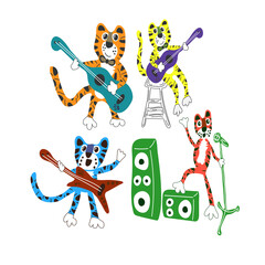 Fototapeta premium A set of four tiger musicians. Tiger Quartet. Isolated on a white background. A set for stickers. Prints for children's clothing.