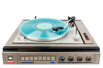 Obraz premium Vintage turntable record player with turquoise vinyl