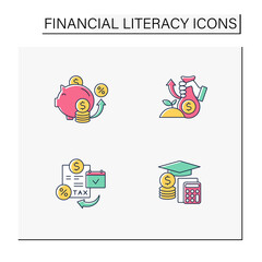 Financial literacy color icons set. Saving, investments, tax planning, education. Business concept. Isolated vector illustrations