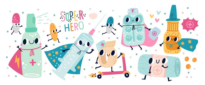 Pills super hero characters. Pharmaceutical tablets and syringe. Emotional cartoon medicines in fluttering capes. Happy medical bandages and sanitizer spray. Vector first aid mascots set