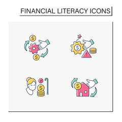 Financial literacy color icons set. Investing and planning for retirement, real-estate purchases, debt and cash-flow management. Business concept. Isolated vector illustrations