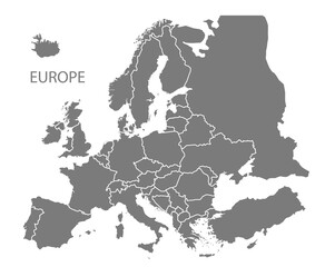 Modern Map - Europe with updated states and borders from 2022 with Russia in grey - obrazy, fototapety, plakaty