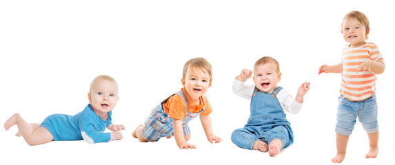 Baby Group over White. Baby Development Stages. Babies Developmental Milestones for first Year. Happy Children Infant and Toddler crawling, sitting, walking - 500905466