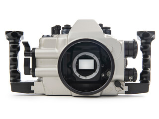 Underwater case for SLR cameras isolated on white background, front view
