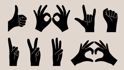 Hand gestures, black silhouettes. Various hands, vector illustration.