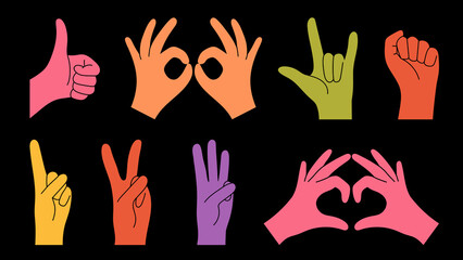 Hand gestures, color silhouettes. Various hands, vector illustration.