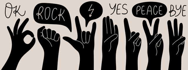 Hand gestures, black silhouettes with lettering. Various hands, vector illustration.