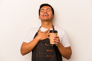 Restaurant hispanic waiter holding a take away coffee isolated on white background laughs out...