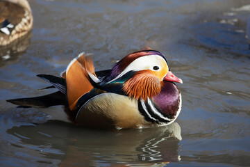 Mandarin duck swims in the river in winter