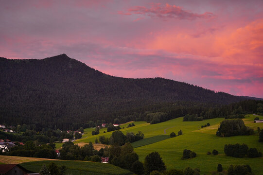 Beautiful sunset at mount Osser near the small town Lam, Bavaria.