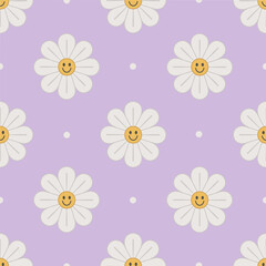 1970 Retro Smile Chamomile Seamless Pattern on Lavender Dot Background. Hippie Aesthetic. Hand-Drawn Vector Illustration, Flat Design. Kids Graphic Cover or Sticker.