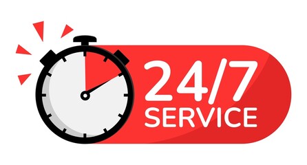 Fototapeta na wymiar Vector Illustration 24 7 Service Icon. 24-7 open, concept with timer. Banner 24 hours a day open.