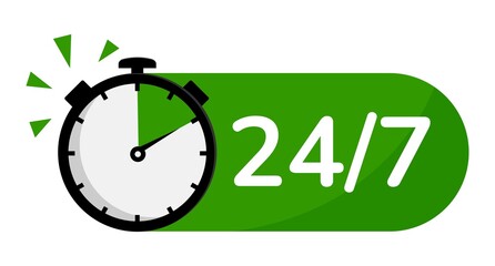 Vector Illustration 24 7 Service Icon. 24-7 open, concept with timer. Banner 24 hours a day open.