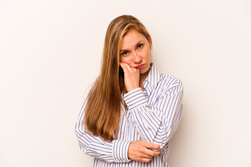 Young caucasian woman isolated on white background tired of a repetitive task.