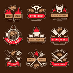 Steakhouse emblem. Meat store logotype barbeque vintage labels for restaurant menu recent vector templates set with place for text