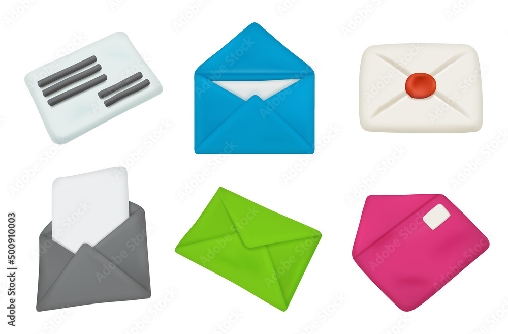 Poster realistic envelope. plasticine letters icons 3d closed and opened envelopes decent vector realistic 