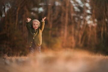 Happy little boy on walk in nature, raising hands.
