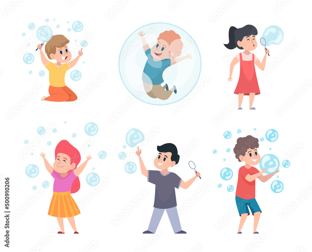 Canvas Prints Kids with bubbles. Boys and girls blowing soap foam circle bubbles happy face children in action poses exact vector templates