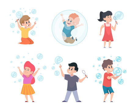 Kids with bubbles. Boys and girls blowing soap foam circle bubbles happy face children in action poses exact vector templates