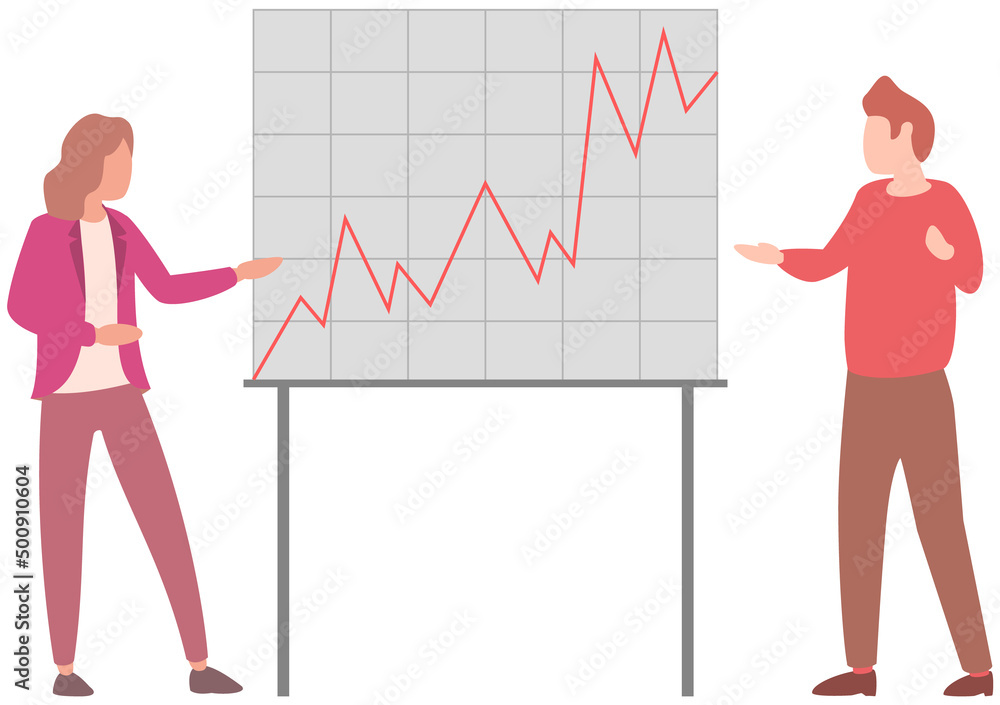 Poster manager makes presentation of statistical report analysis charts. planning business. teamwork consul
