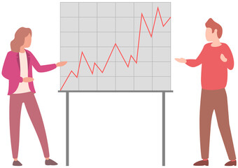 Manager makes presentation of statistical report analysis charts. Planning business. Teamwork consulting for project management, financial reporting and strategy. Data analysis research statistics