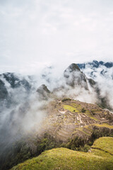Wide angle view of Machu Picchu inca city.