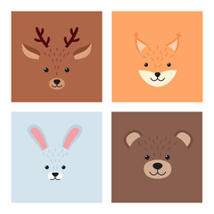 Cute simple animal faces. Deer, squirrel, hare, bear. Vector illustration