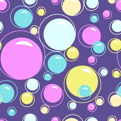 Soap bubbles seamless pattern. Color foam balls. Kids wallpaper. Funny abstract fabric print. Round shapes. Soda water fizz. Shampoo froth. Soapy spheres. Vector repeated background