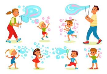 Soap bubbles show. Happy kids and parents blowing foam balls. Cute boys and girls activities. Adults and children play. Cartoon people characters. Soapy balloons. Vector joyful persons set