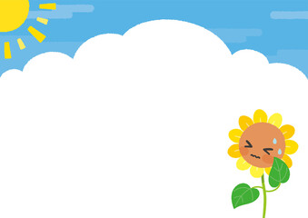 夏空とかわいいひまわりの背景(太陽あり)　キャラクター　汗　横型