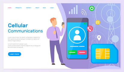 Cellular communication webpage concept of world global intercommunication with long distance. Mobile phone with icons sim card and businessman pointing on smartphone with incoming call sign