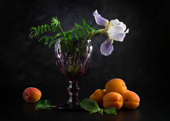 Lilac iris in a faceted glass and apricots on a dark background