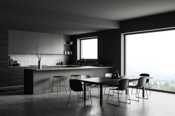 Fototapeta na wymiar Corner view on dark kitchen room interior with panoramic window