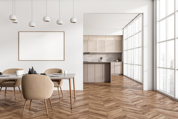 Front view on bright kitchen room interior with empty poster