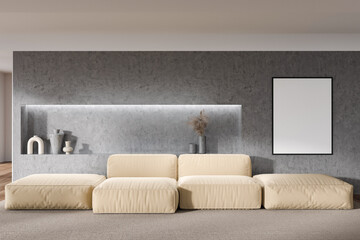Front view on bright living room interior with empty poster