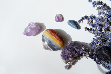 Healing crystals on brown background