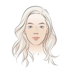 Woman face. Young beautiful girl with curly long wavy hair curls. Volume, haircut, hairdressing, hairstyle. Care and beauty. Vector Black and white line sketch illustration portrait.