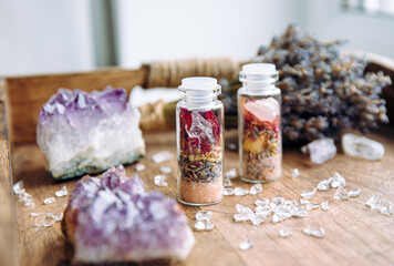 Homemade spell jar bottles with good intentions for home protection and inner balance. Filled with...