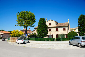 Picturesque view of city street with beautiful buildings on sunny day