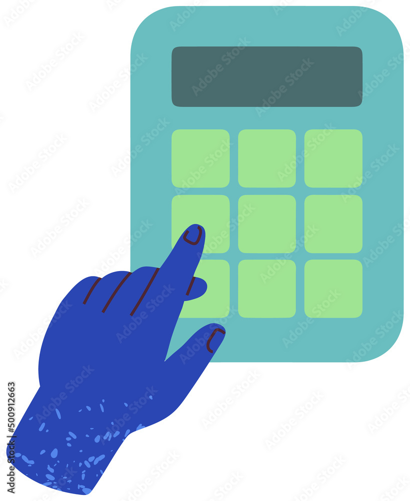 Poster businessman, accountant working with device to count. hands hold calculator with buttons and display